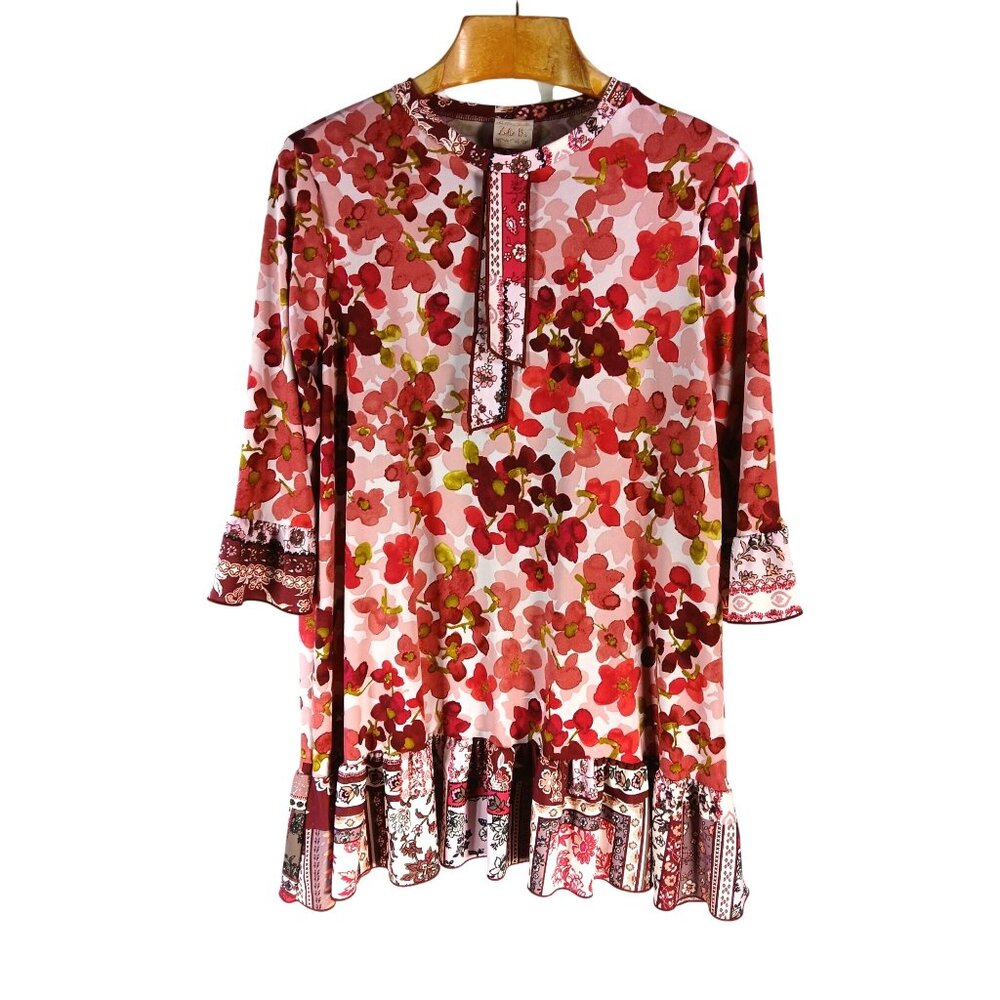 Zadie B's Mendi Floral Print Boho Tunic Top Size XL Contrast Ruffle Modest USA